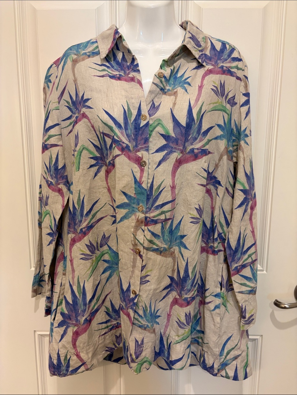 iLinen Lifestyle Linen Floral Print Shirt - Blue/Purple/Green XL